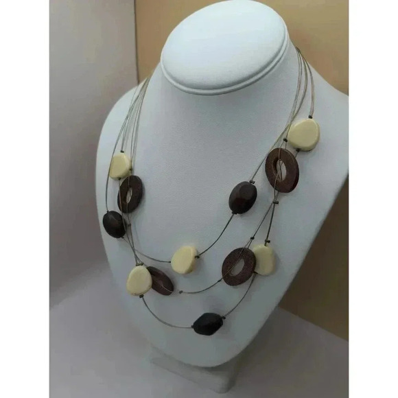 Chicos Silvertone Wood Multistrand Bead Accents Necklace Brown Cream - Picture 1 of 5